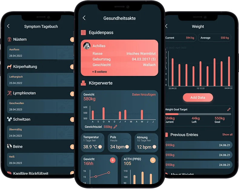 Suivi de la santé du cheval (poids et signes vitaux) via l'application